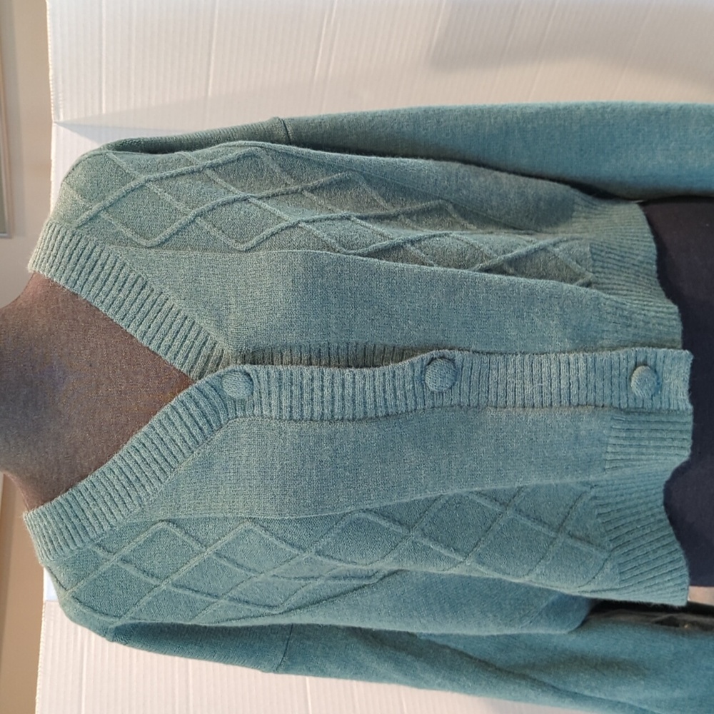 Fate green sweater cardigan with embroidered flowers on puffed sleeves. Size Lge